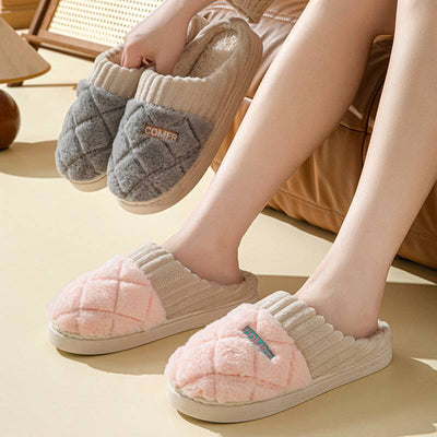 Solid Rhombic Letter Home Slippers Winter Warm Non-slip Floor Bedroom Plush Slipper For Couple House Shoes Women Men Nexora Store