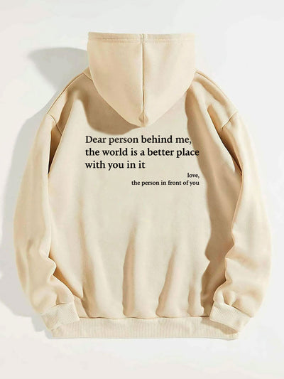 Lieve persoon achter mij, de wereld is een betere plek met jou erin, liefde, de persoon voor je, dames hoodie met pluche letters en kangoeroezak, trekkoord en print, unisex trendy hoodies Ritchy's Shop