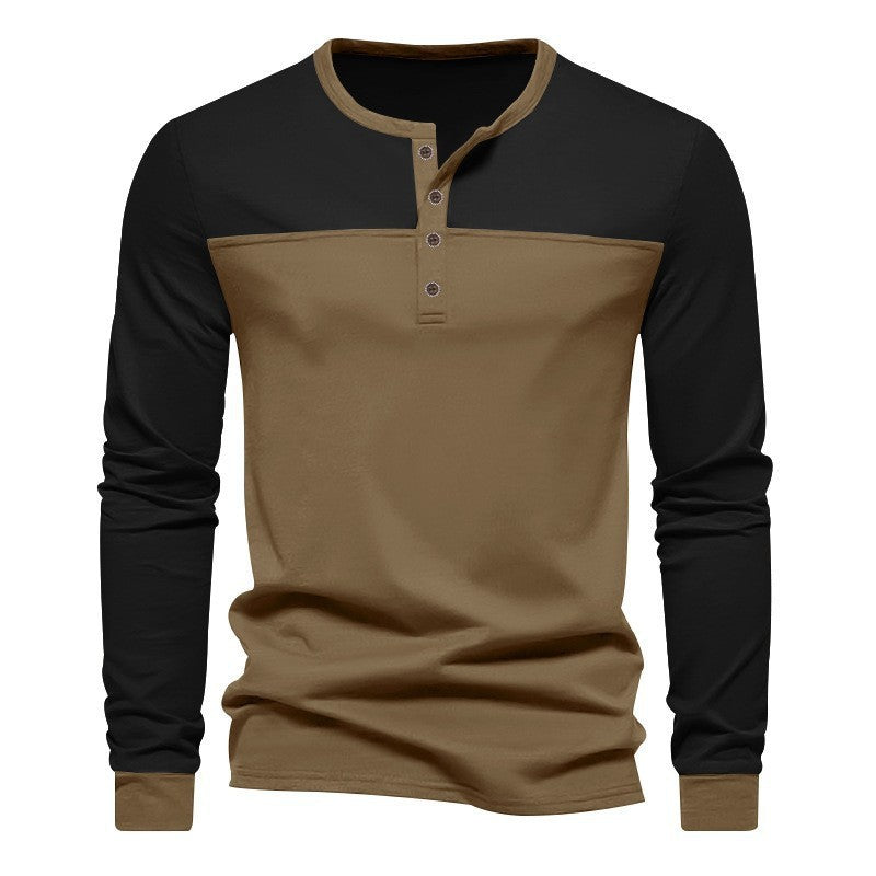 Retro Trendy Lange mouwen Kleur Matching Henry Kraag Onderkant Shirt Casual T-shirt Nexora Store