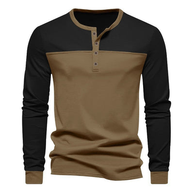 Retro Trendy Lange mouwen Kleur Matching Henry Kraag Onderkant Shirt Casual T-shirt Nexora Store