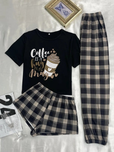 Driedelige pyjama voor dames, cartoon geruite shorts, broeken, huiskleding Nexora Store