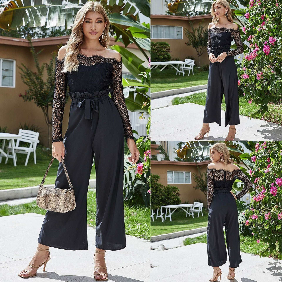 Zwart dames jumpsuit met wijde pijpen en kanten off-shoulder top, voorzien van riem met kantstiksel