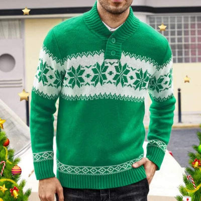Men's green jacquard knitted pullover sweater with long sleeves, Christmas pattern, thick polyester fabric, casual autumn and winter wear