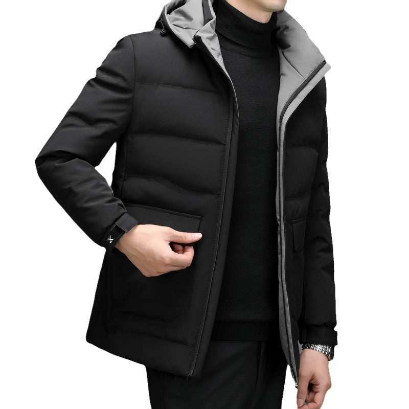 Dikke zwarte donsjas heren met afneembare muts en warme vulling
