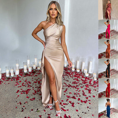 Sexy een-schouder open rug jurk met split Zomer elegante strakke effen satijnen jurken voor vrouwen Nexora Store