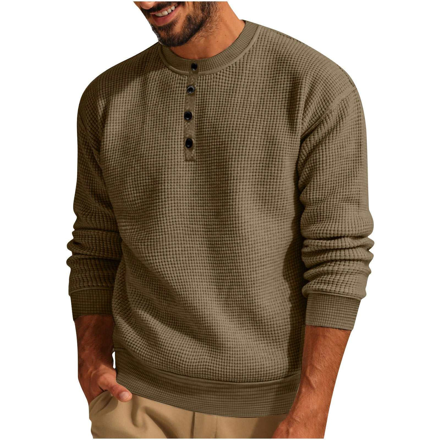 Solid Color Loose Casual Round Neck Long Sleeve Waffle Henley Shirt Nexora Store