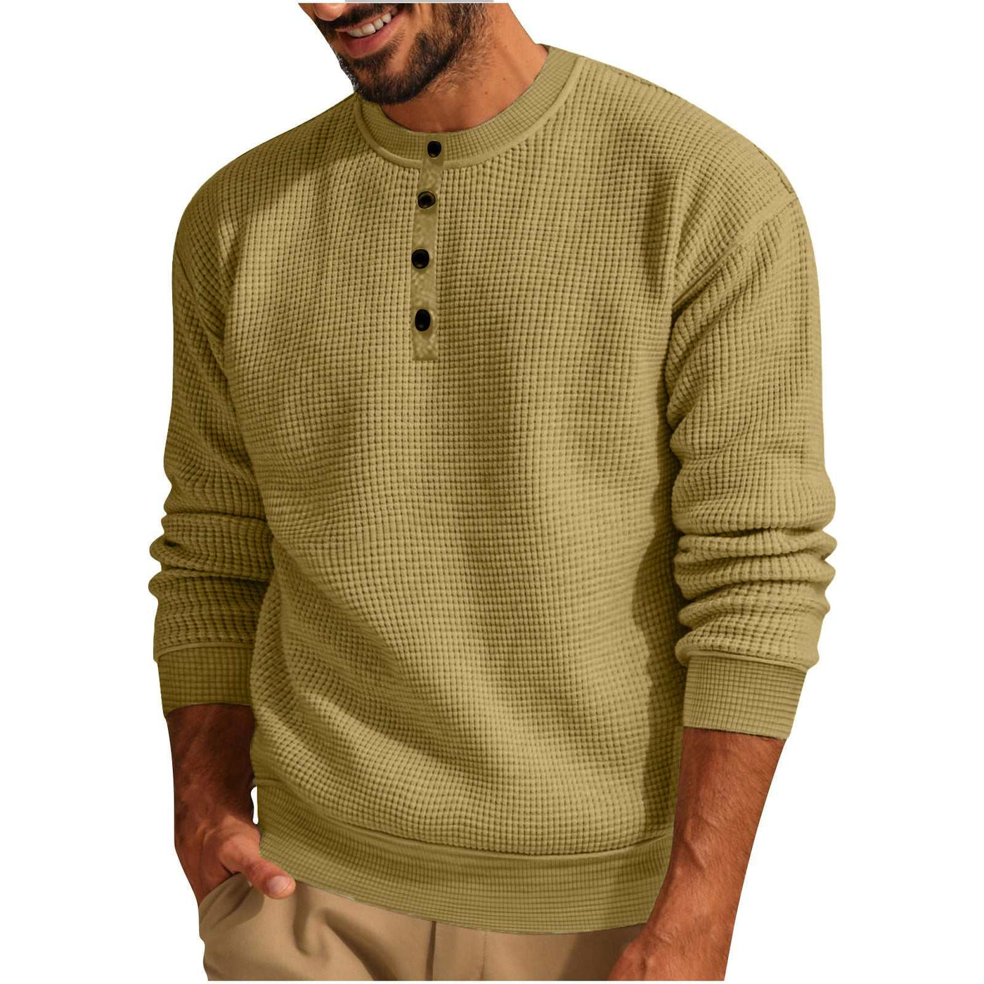 Solid Color Loose Casual Round Neck Long Sleeve Waffle Henley Shirt Nexora Store
