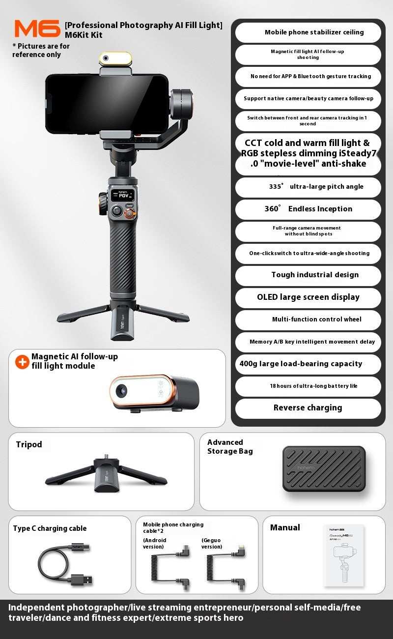 mobiele telefoonstabilisator professionele gimbal met magnetische AI fill light en tripod kit