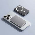 Magsafe magnetic wireless fast charging portable power supply attached to smartphone