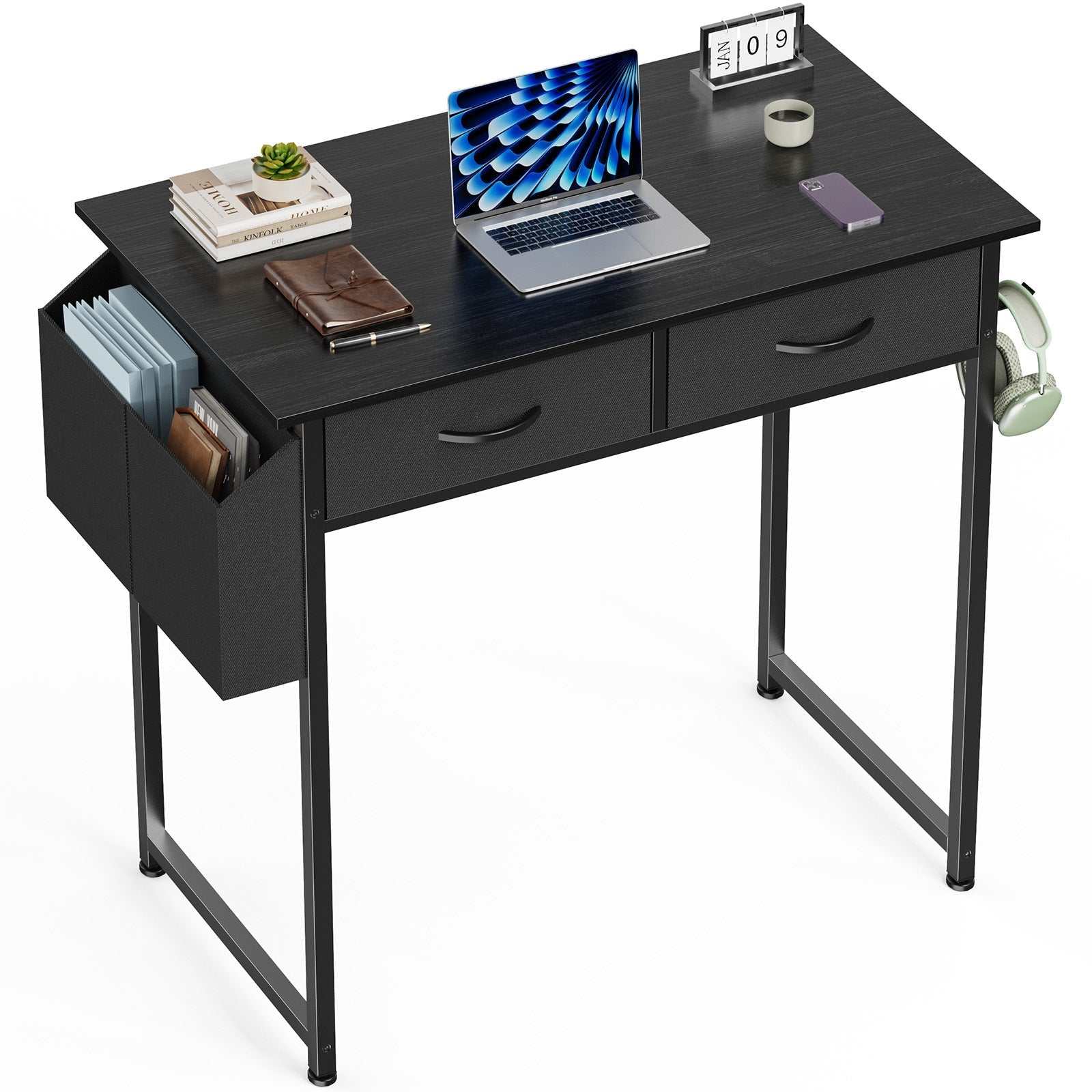 modern zwart thuiskantoor bureau met lades en opbergruimte