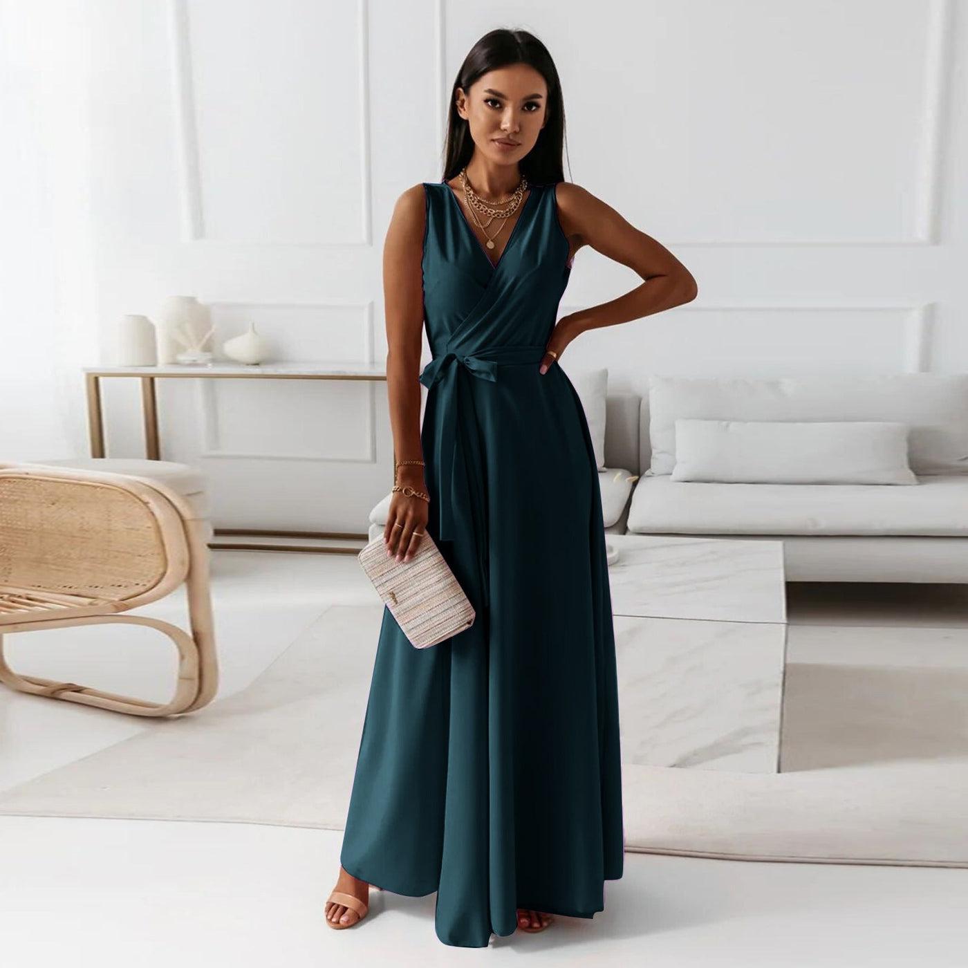 V-hals mouwloze jurk met riem Zomermode Feestclub Avond Maxi-jurken voor dameskleding Nexora Store
