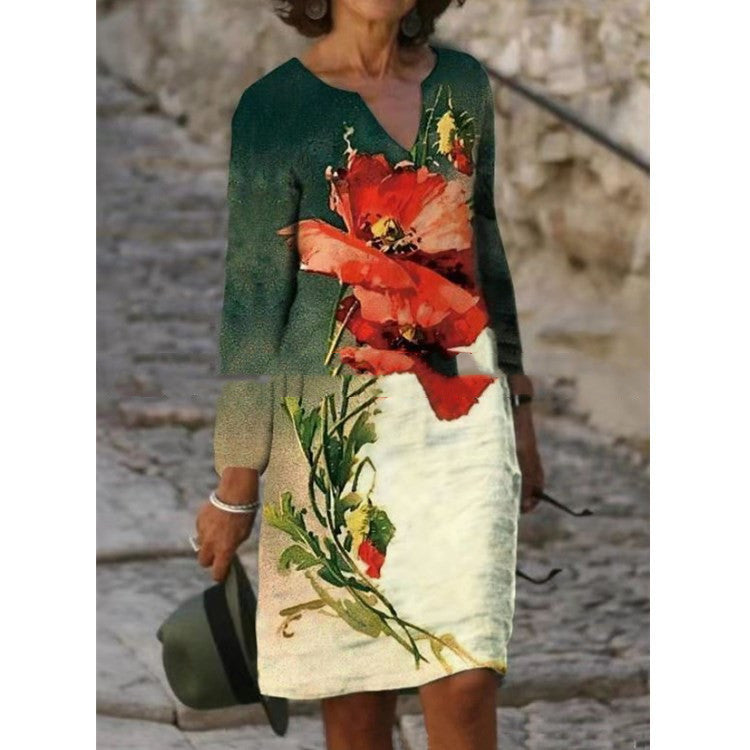 V-hals bloemenprint casual jurk met lange mouwen Nexora Store