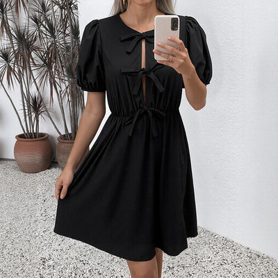Retro gestreepte jurk met ronde hals en strik, veterjurk Nexora Store