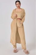 Beige 3-delige set met crop top, lange cardigan en broek met elastische taille voor dames loungekleding
