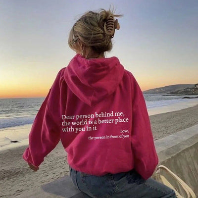 Lieve persoon achter mij, de wereld is een betere plek met jou erin, liefde, de persoon voor je, dames hoodie met pluche letters en kangoeroezak, trekkoord en print, unisex trendy hoodies Ritchy's Shop
