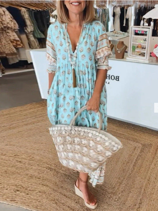 Zomerse Boheemse printjurk met lantaarnmouwen, modieuze losse V-hals, ruches, lange jurk, strandkleding voor vrouwen Ritchy's Shop