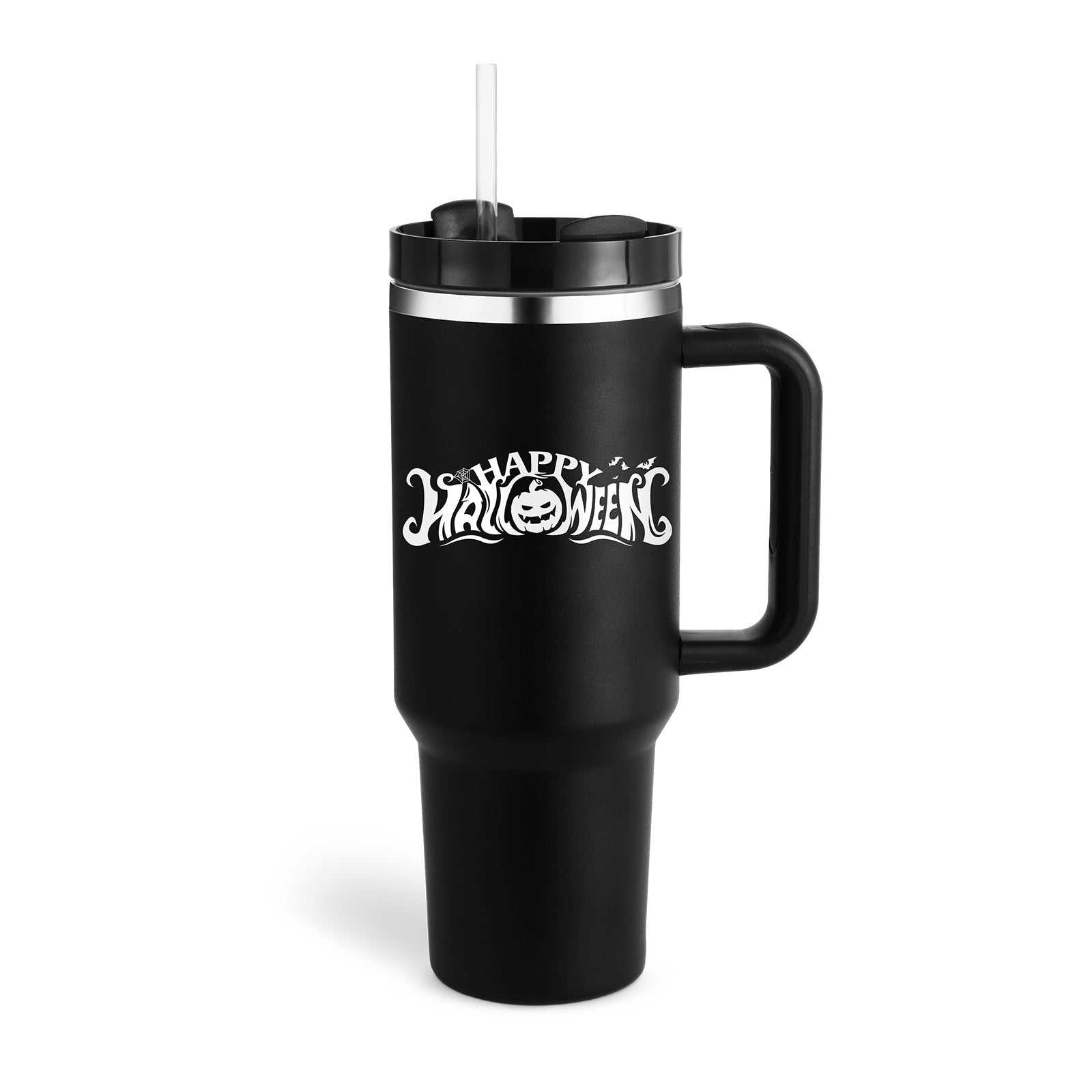 40 oz black insulated stainless steel tumbler with handle and straw, Happy Halloween design, spill-proof vacuum coffee mug with lid