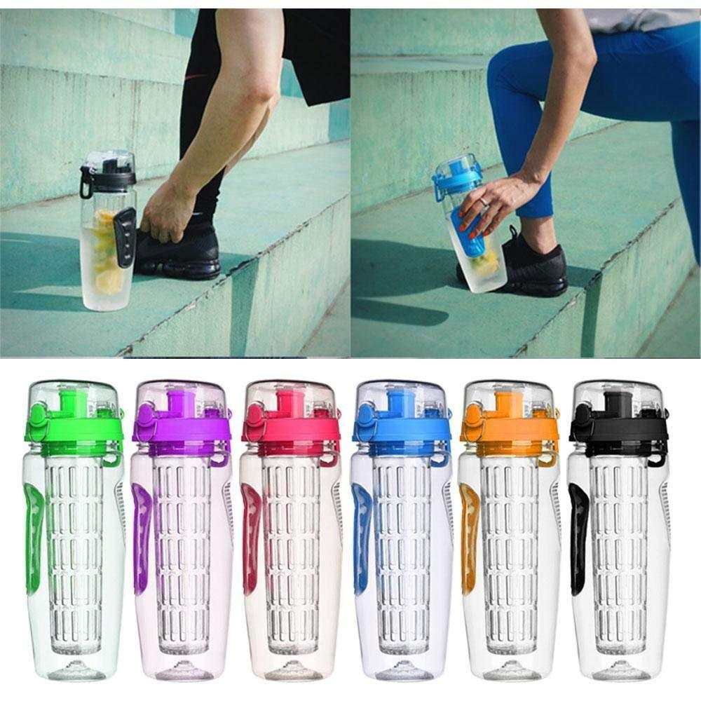 32oz BPA-free plastic fruit infuser water bottles in multiple colors with leak-proof design and durable Tritan material