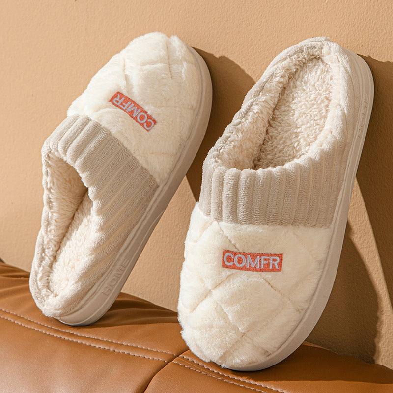 Solid rhombic letter plush winter slippers with non-slip EVA sole for men and women