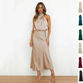 Dames zomerjurk zonder mouwen in beige met halterhals en vloerlengte, polyester stof, diverse kleuren beschikbaar
