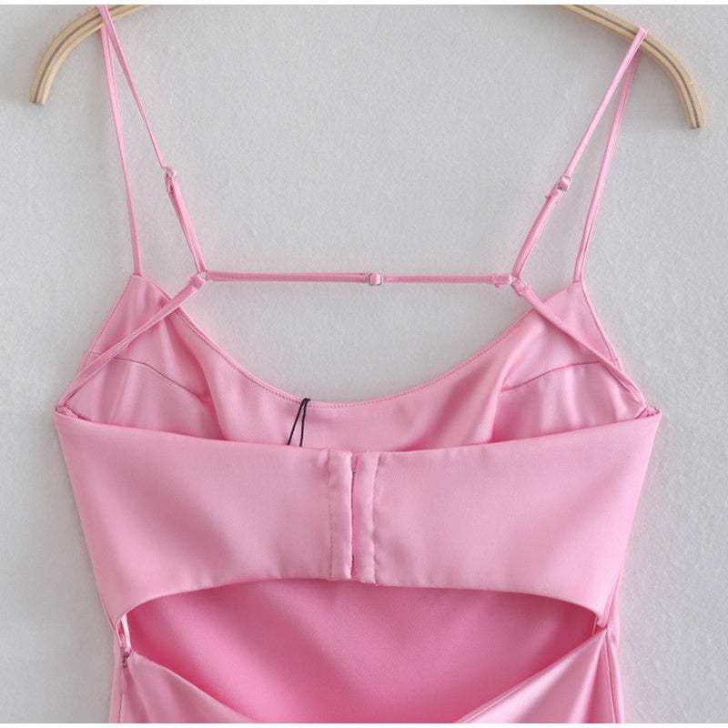 Roze vrouwen camis satijnen lange jurk met mouwloze smalle bandjes en rugloze design