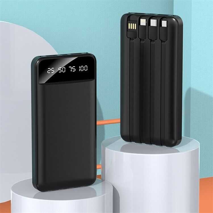 Draagbare powerbank 10000mAh met 4 ingebouwde kabels en LED display voor opladen van diverse apparaten
