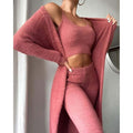 Zachte 3-delige loungewear set met crop top, hoge taille broek en lange cardigan in roodkleurige gebreide stof