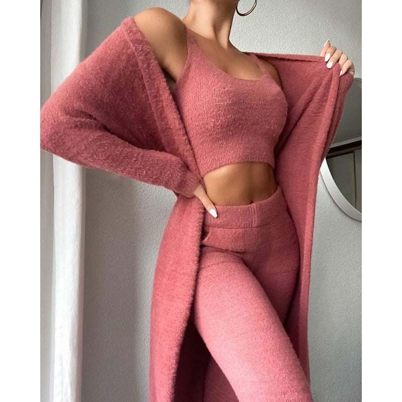 Zachte 3-delige loungewear set met crop top, hoge taille broek en lange cardigan in roodkleurige gebreide stof