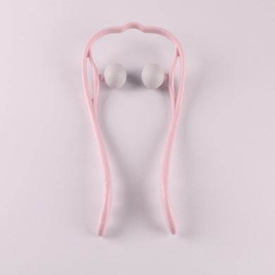 roze nekmassage-apparaat met zes wielen en 360° roterende massageballen voor diepe weefselmassage