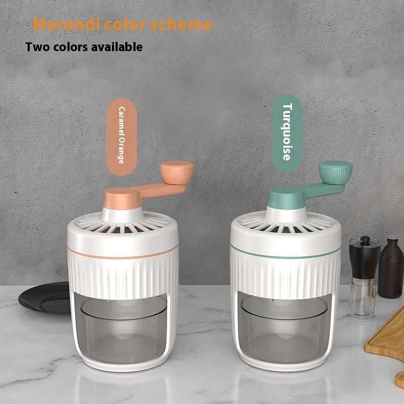 compact handbediende ijsschaafmachine met handgreep en opvangbak voor geschaafd ijs, geschikt voor huiselijk gebruik en smoothies