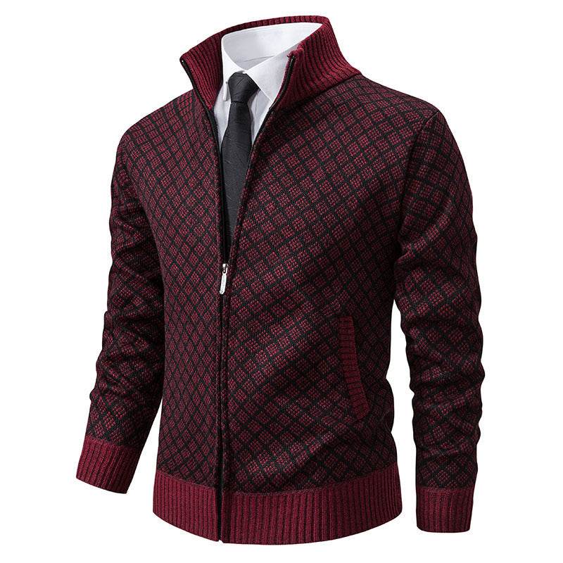 Thickened Plaid Print Jacket Cardigan Fashion Slim Fit Zipper Stand Collar Sweater Winter Men's Casual Long Sleeve Knitted Top Clothing Nexora Store