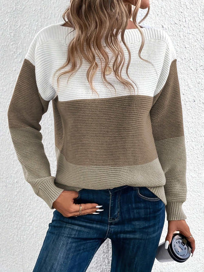 Pullover Knitted Sweater Fashion Round Neck Splicing Knitwear Loose Top Women's Clothing Nexora Store