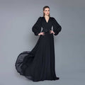 Zwarte pailletten swingjurk met hoge taille, lange mouwen en V-hals van chiffon polyester