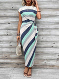 Elegante gestreepte jurk met tailleband, ronde hals, korte mouwen en lang patroon Nexora Store