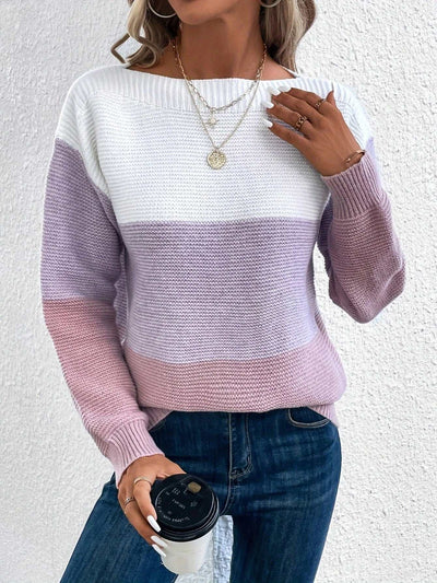 Pullover Knitted Sweater Fashion Round Neck Splicing Knitwear Loose Top Women's Clothing Nexora Store