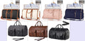 Grote reistas set in multiple colors including black, white, pink, navy, gray, and brown, showcasing stylish, durable travel bags with handles and shoulder straps.