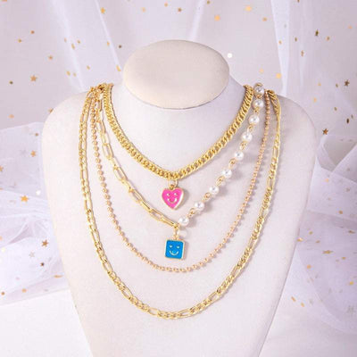 Gold multi-layer chunky chain pearl necklace with enamel smiley face charms for women