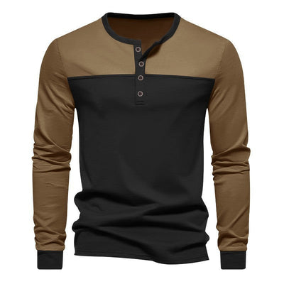 Retro Trendy Lange mouwen Kleur Matching Henry Kraag Onderkant Shirt Casual T-shirt Nexora Store