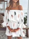 volledige grootte bloemen wit off-shoulder mini-jurk met volantmouwen en veerprint in grote maten