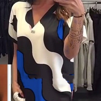 Damesjurk met korte mouwen, V-hals en middellange lengte Nexora Store