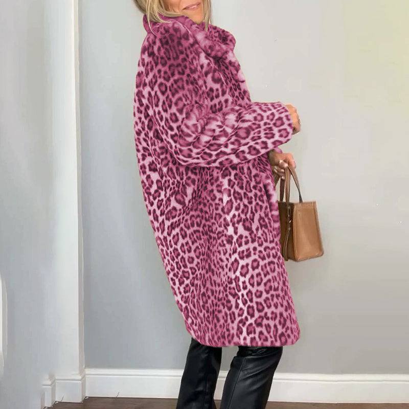 Women's Leopard Print Plush Jacket, Cozy Loose-Fit Warm Coat Elegant Medium-Length Fall Winter Outwear Nexora Store