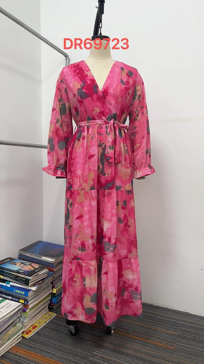 Lange mouwen bloemenprint jurk elegante V-hals geplooide hoge taille grote swing chiffon maxi-jurken voor dameskleding Nexora Store