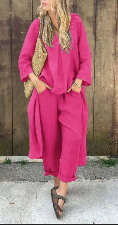 2 stuks lange mouwen pakken losse V-hals - lange top en hoge taille wijde broek met zakken Mijn winkel