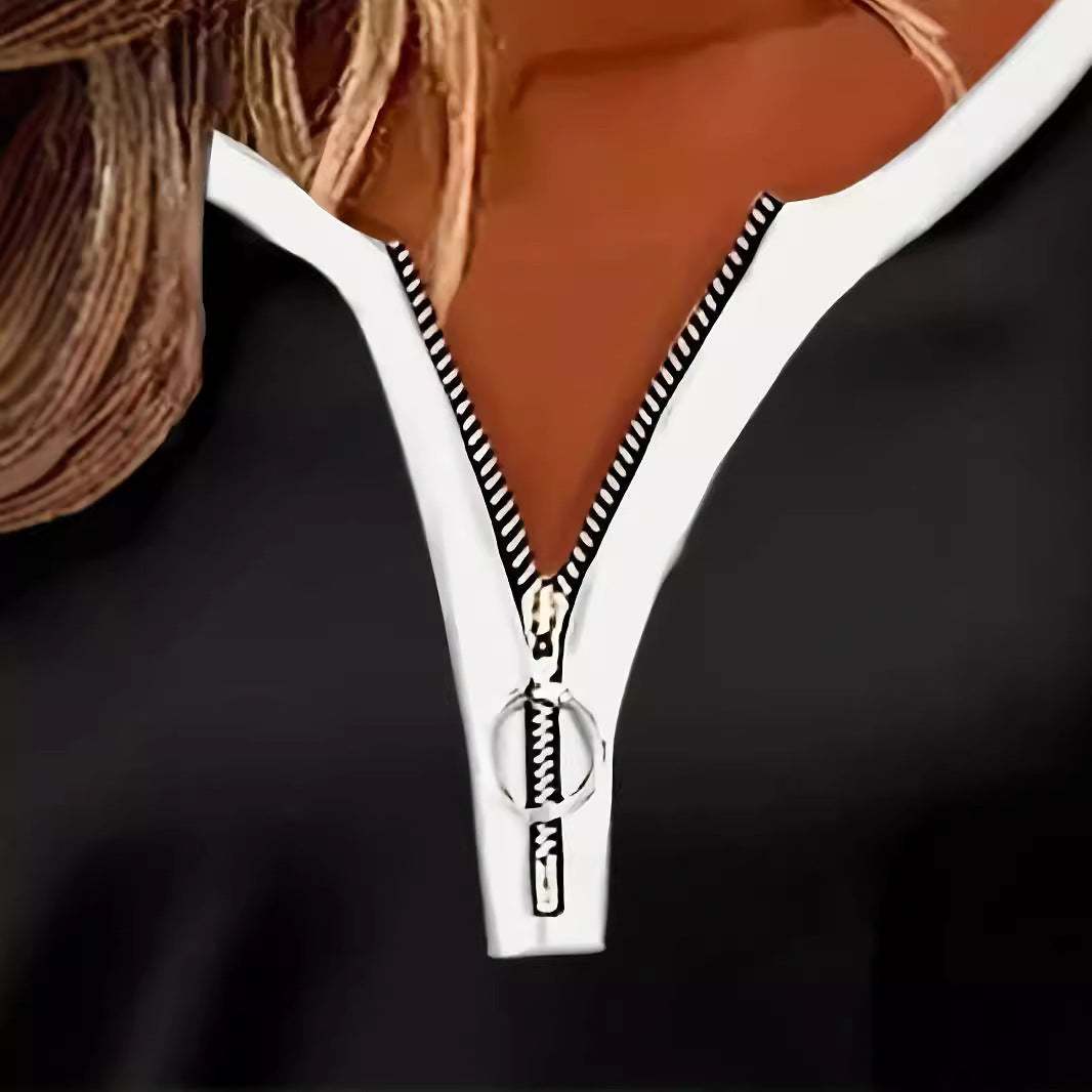 Dames V-hals contrastkleurige zwart-wit gestreepte losse rits T-shirt met lange mouwen