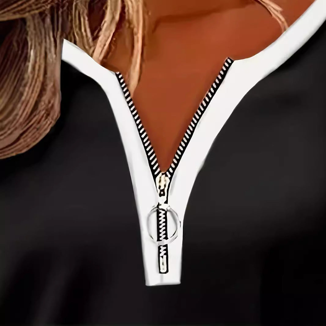 Dames V-hals contrastkleurige gestreepte losse rits T-shirt met lange mouwen Nexora Store
