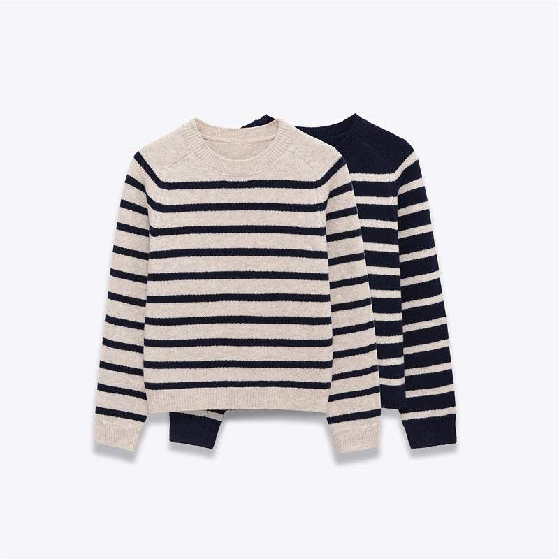 Women's round neck loose striped knit sweaters in apricot and black colors, casual pullover style