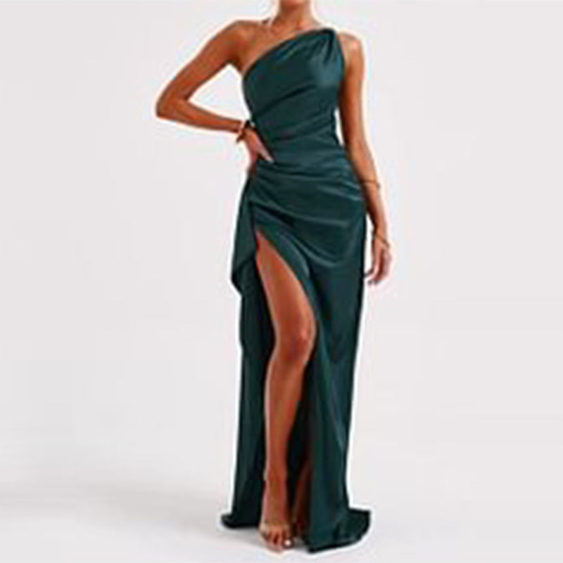 Sexy een-schouder open rug jurk met split Zomer elegante strakke effen satijnen jurken voor vrouwen Nexora Store