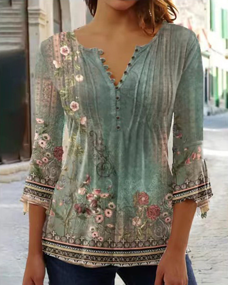 Modieus nieuw dames T-shirt met bloemenprint, V-hals, driekwartmouwen, geplooide knopen en basisshirt Nexora Store