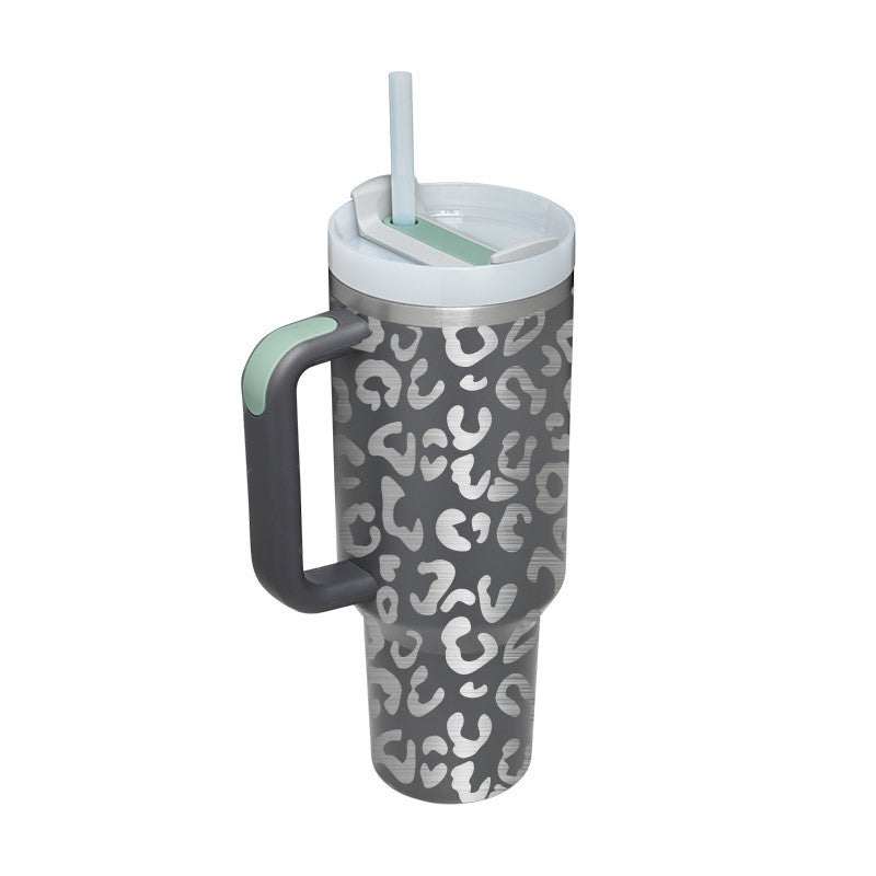 40 oz geïsoleerde roestvrijstalen tumbler met handvat, rietje en morsbestendig deksel, leopard design
