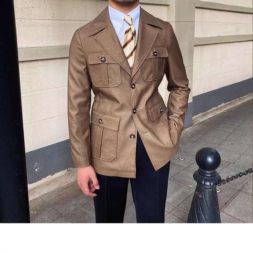 Herfst- en winterjas Britse stijl zwart met kraag en opgestikte zakken voor mannen